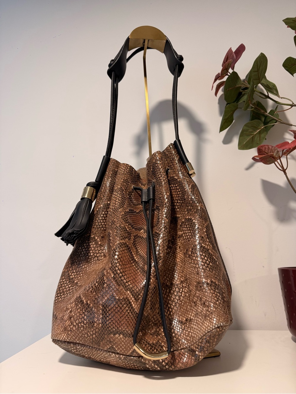 Vince Camuto -Brown Snake-Print Drawstring Bucket Bag